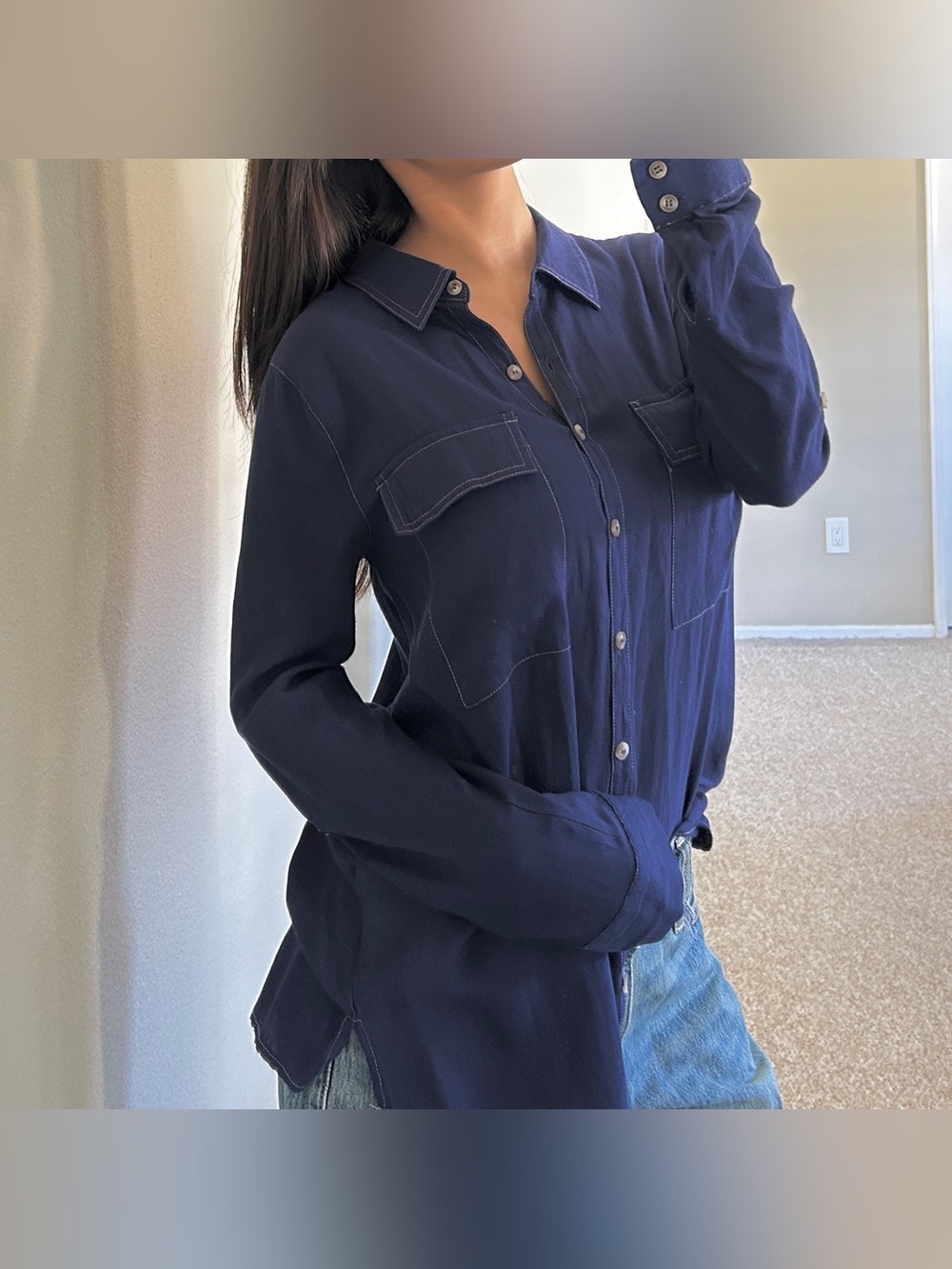Womens Blu Pepper Navy Button-Down Shirt